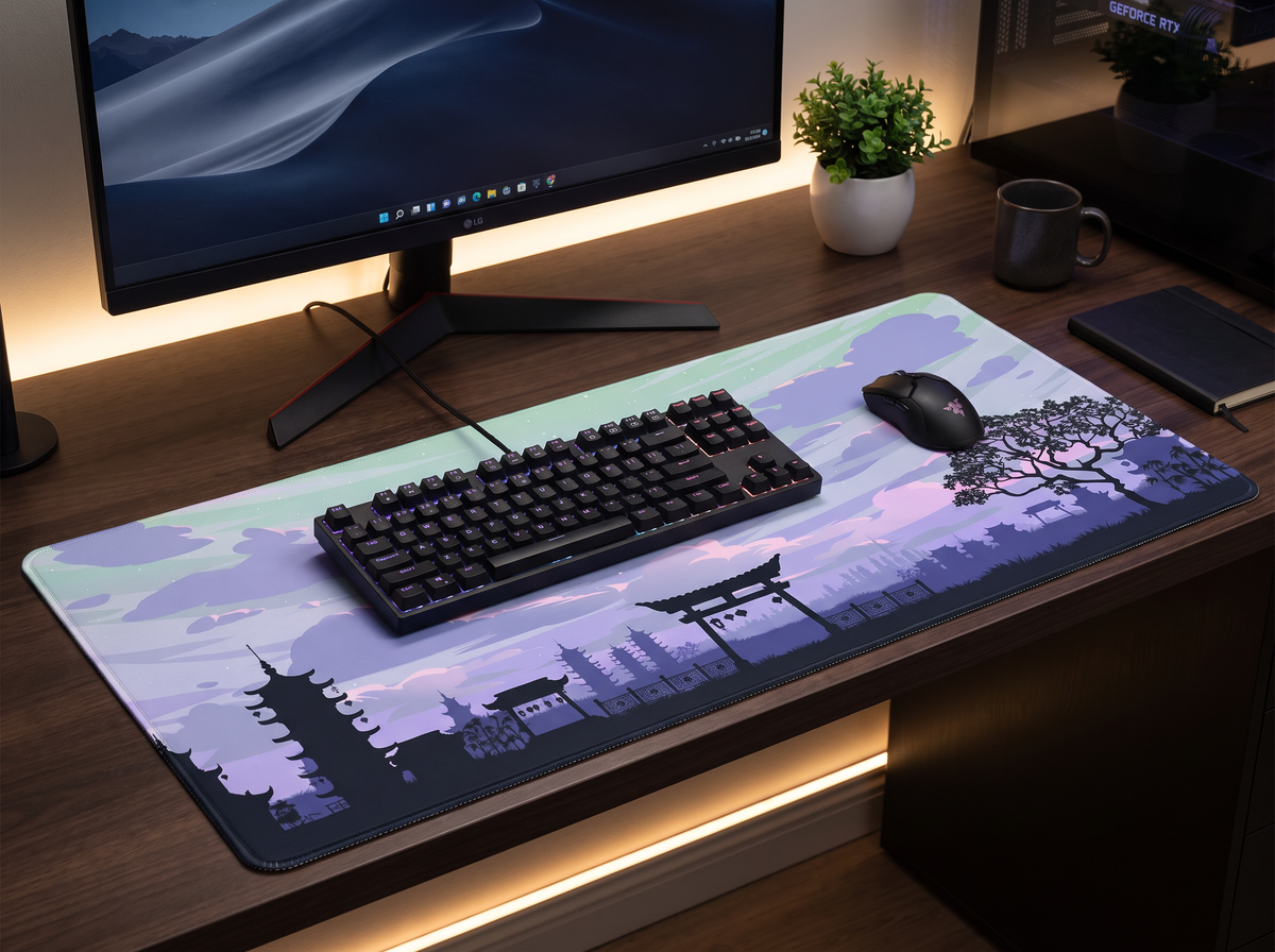 Tapis de souris Dream Horizon dans un setup de bureau premium, vue trois-quarts