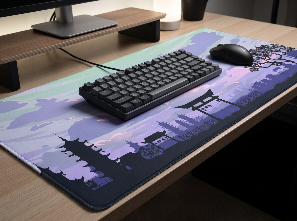 Tapis de souris Dream Horizon dans un setup de bureau premium, vue latérale basse
