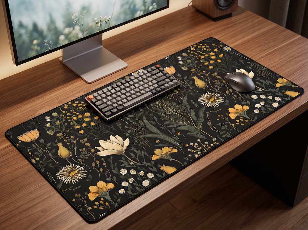Tapis de souris Golden Bloom dans un setup premium, vue 3