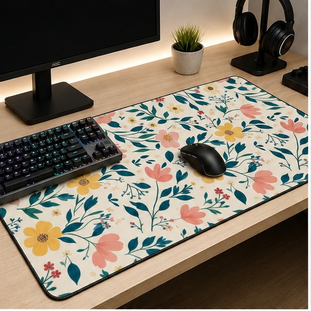 Tapis de souris XXL Jardin Lumière dans un setup de bureau, vue en angle