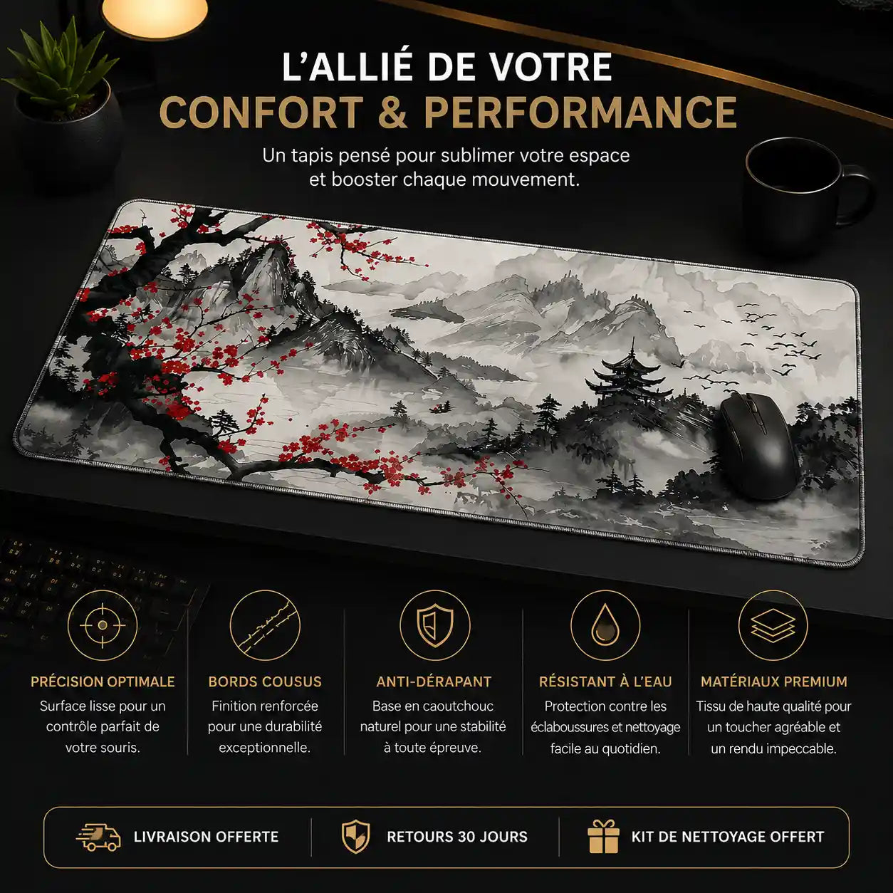 Tapis de souris noir et blanc Ink Horizon vue 2