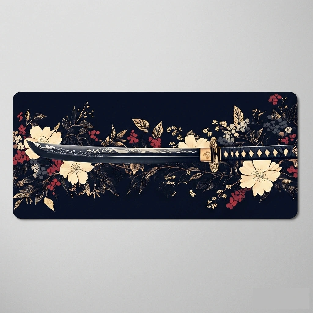 Tapis de souris XXL avec un katana entoure de fleurs